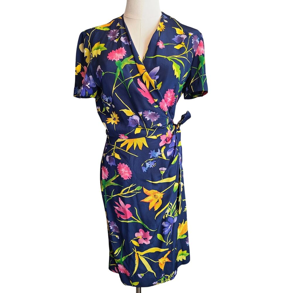 Vintage 90s Maggy London 100% Silk Floral Wrap Dress